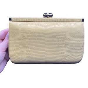 Cole Haan Embossed Snake Print Leather Kiss-lock Clutch Buttercream